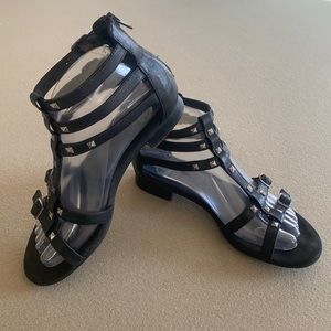 Crown Vintage Rowan Gladiator Sandals Shoe Black Leather Silver Studs Zipper 6.5